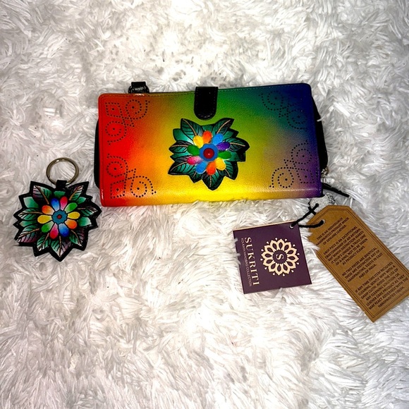 Sukriti Handpainted Leather Wallet NWT with Matching Keychain - Picture 1 of 8